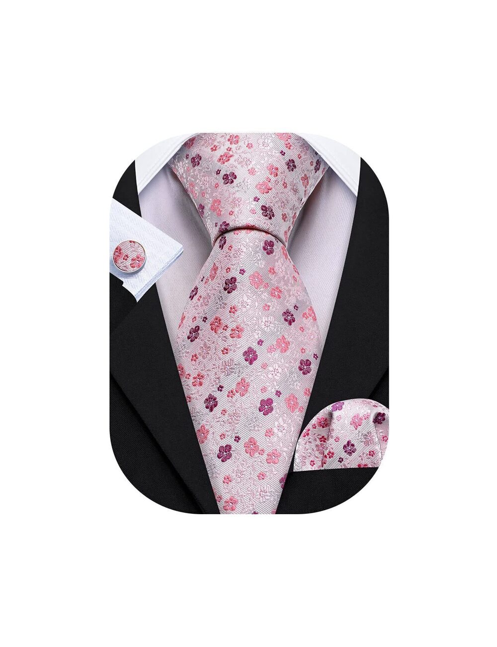 4401 Pink Flower Ties Silk Woven Floral Tie Sets Necktie Handkerchief